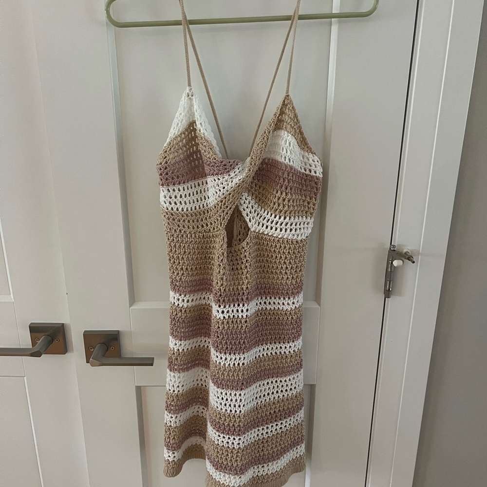 Striped Crochet Dress in Tan and White